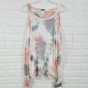 HEIMISH USA Tie Dye Cold Shoulder Oversized Tunic Top White/Pink/Gray Size XL